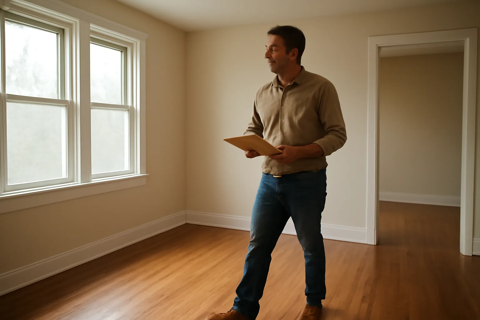 Landlord walking through an empty rental unit during a habitability inspection