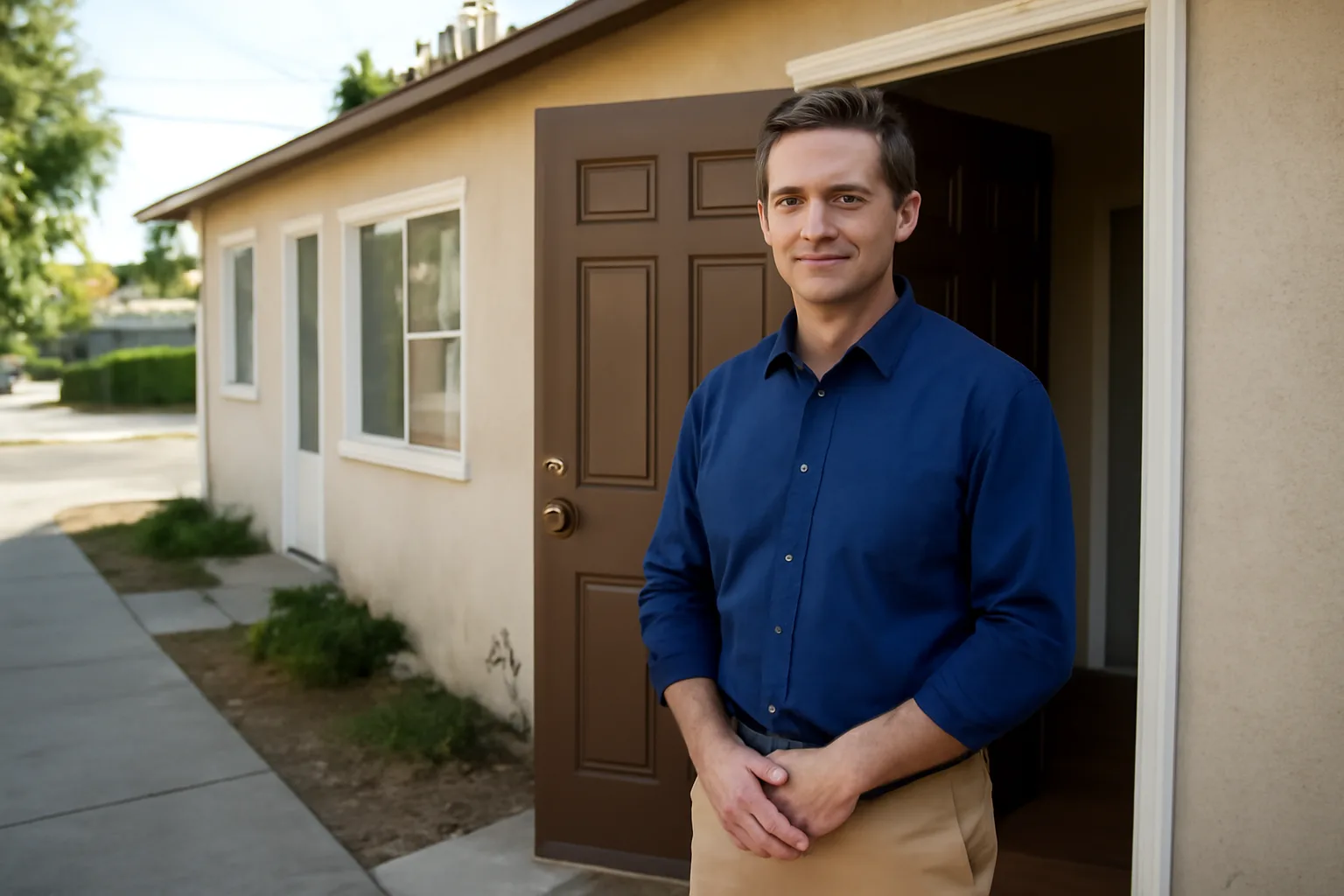 Landlord standing at rental unit doorway discussing notice period with tenant