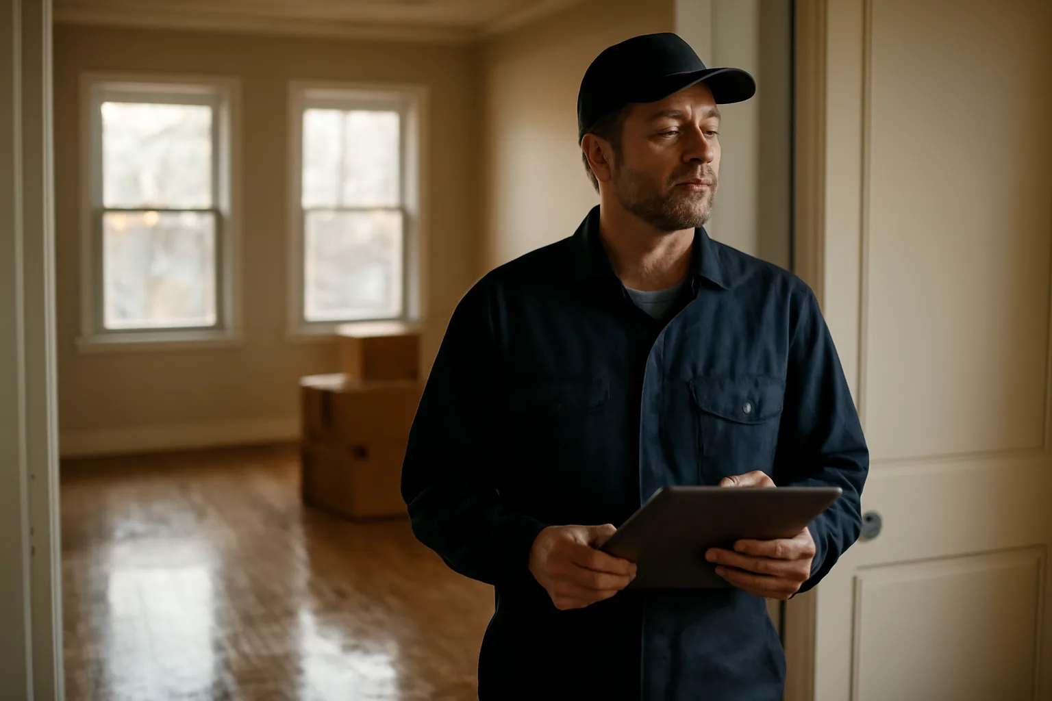Landlord inspecting an empty apartment during a rental cleaning walk-through