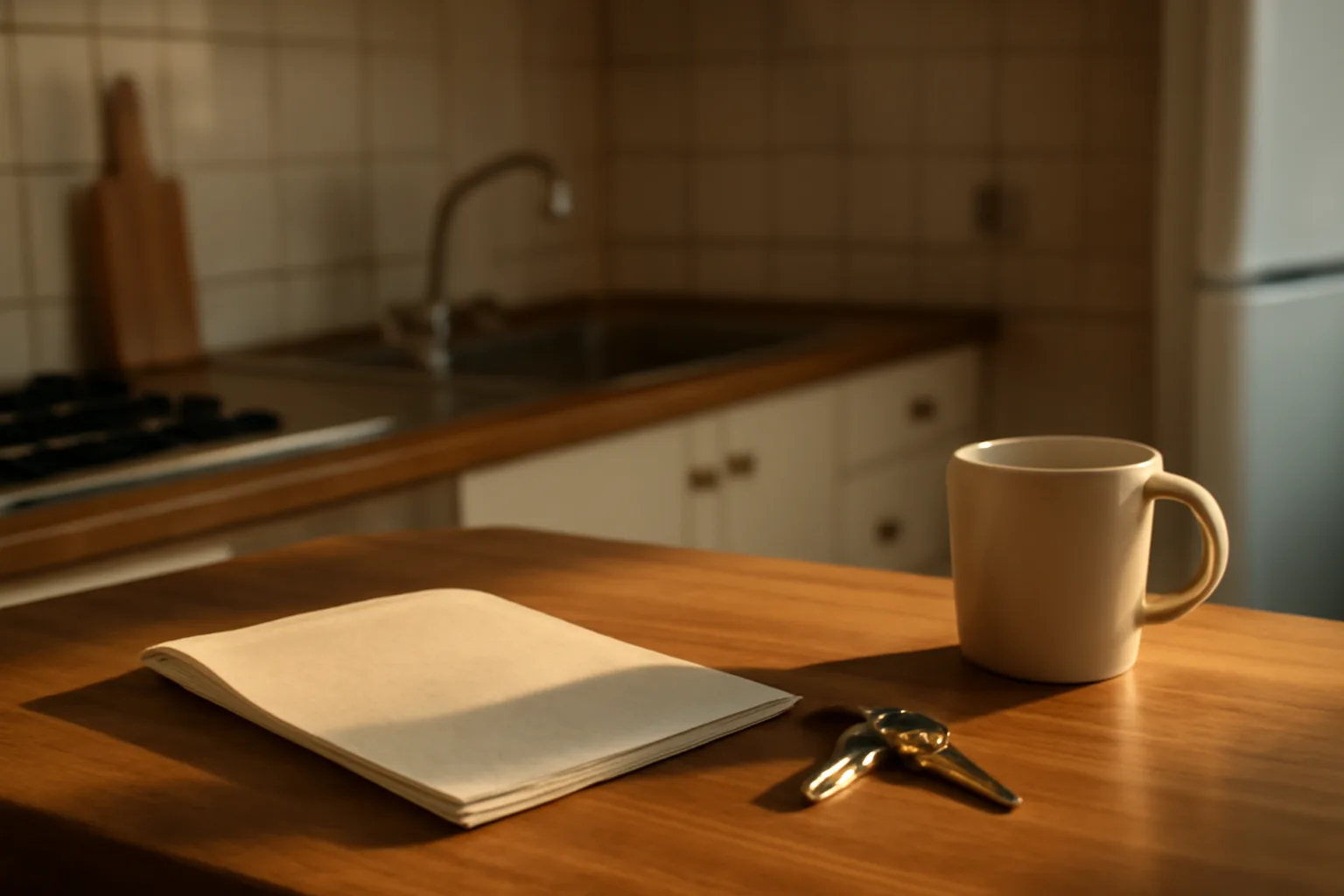 Kitchen counter with a folded document and keys representing a renters insurance requirement