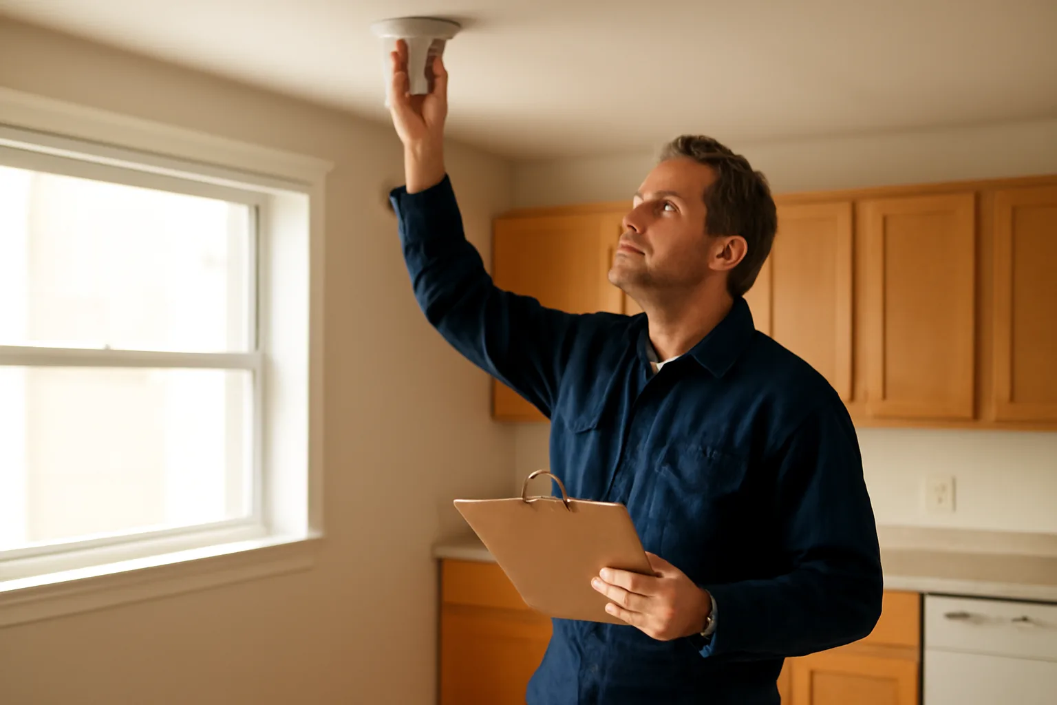 Landlord checking a smoke detector during a rental unit inspection