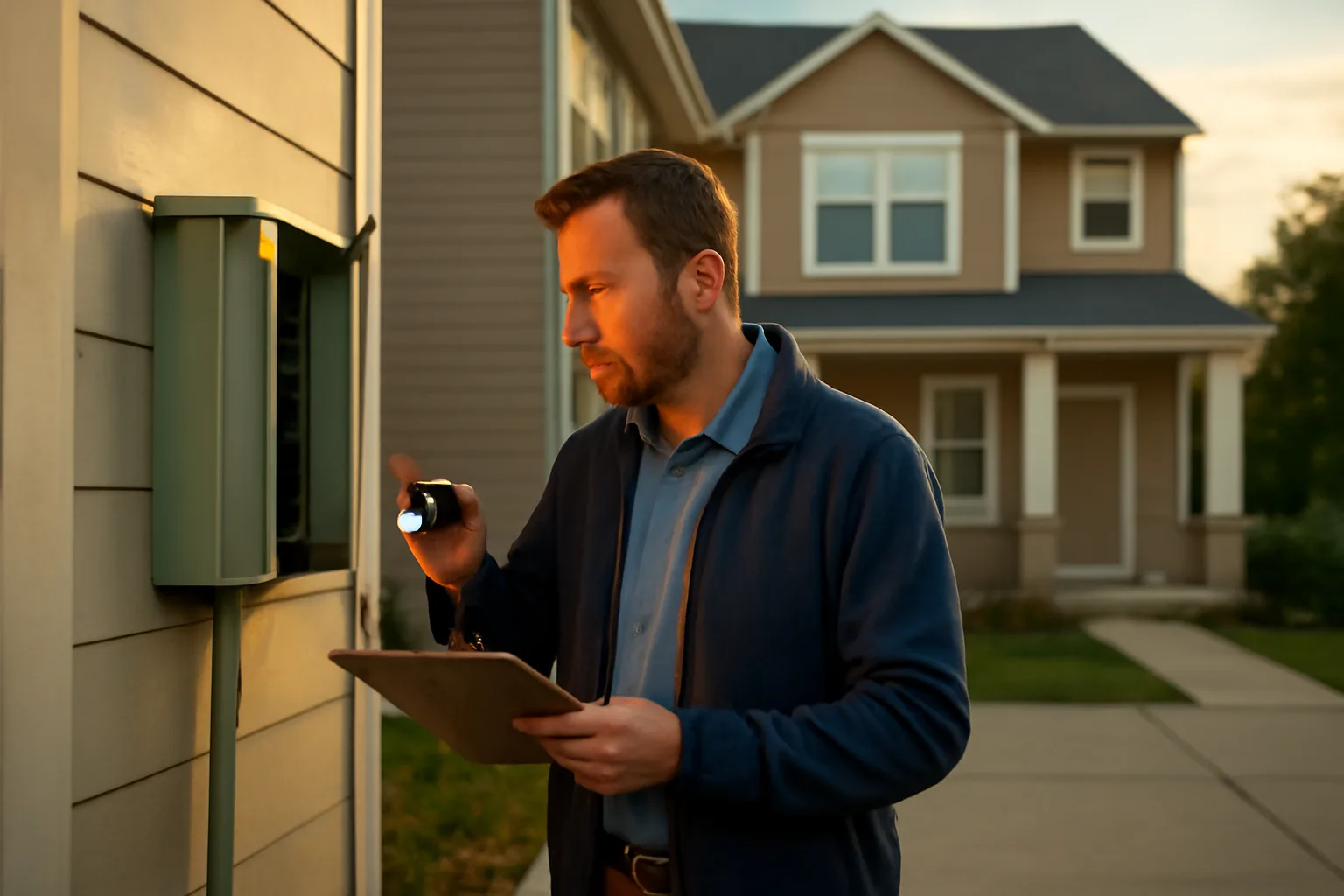 Landlord inspecting a duplex exterior at golden hour before a rental license inspection