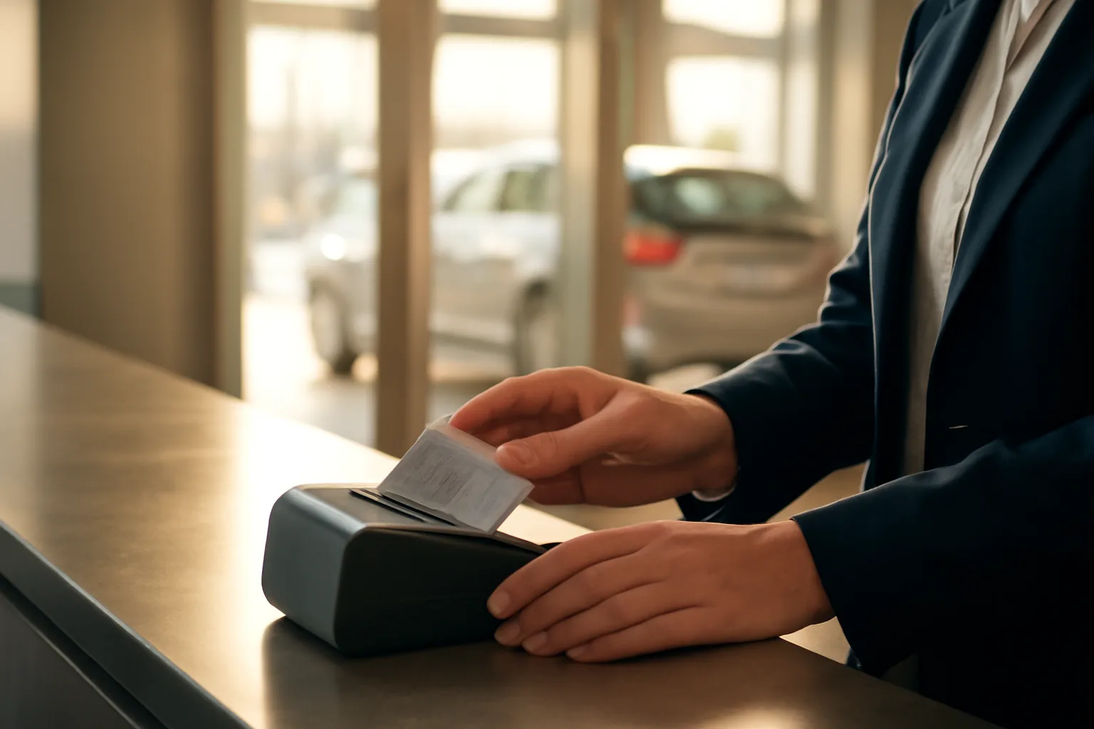 Rental car agent scanning a customer license at the counter to check validity