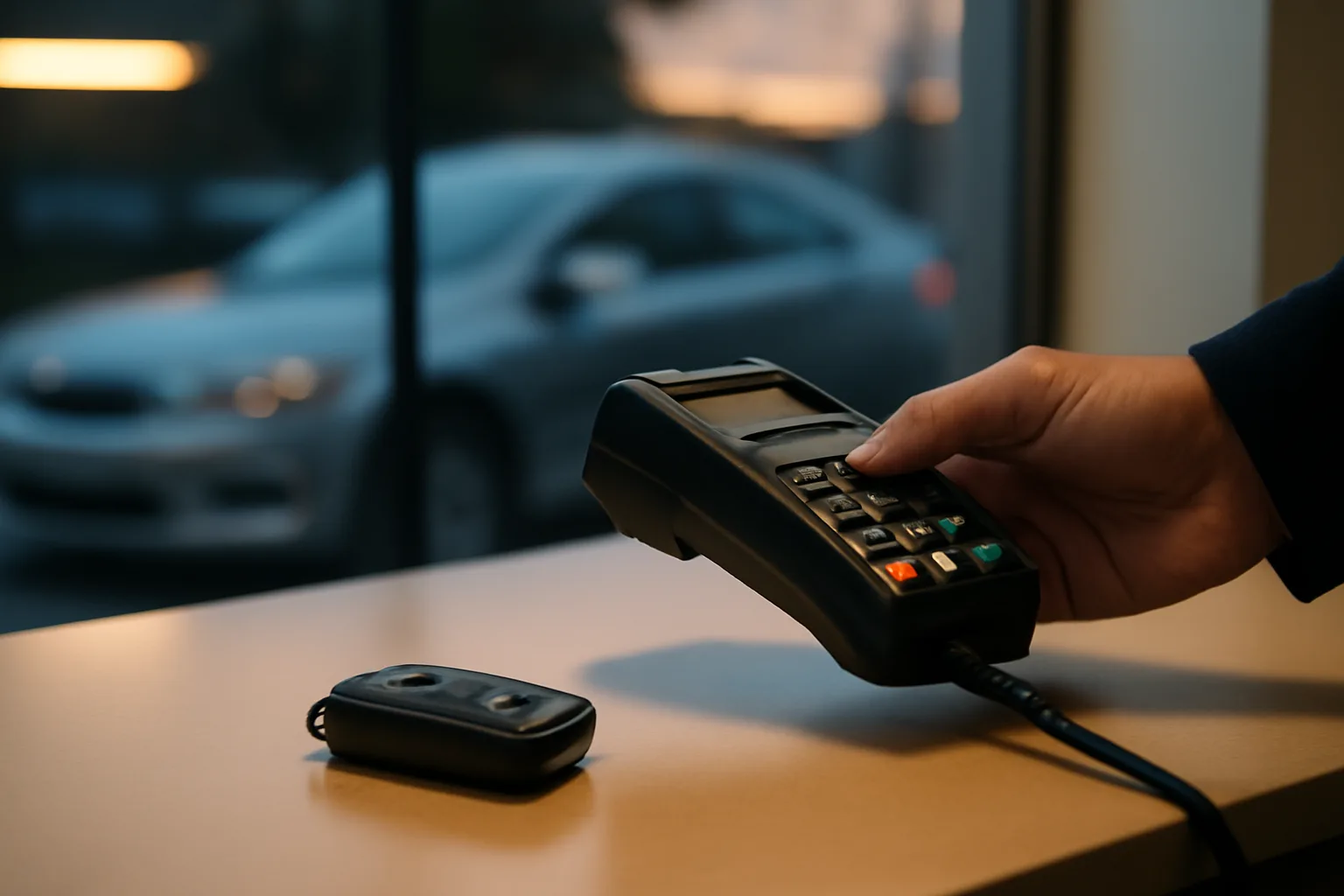 Rental car counter agent checking a license card reader before handing over keys