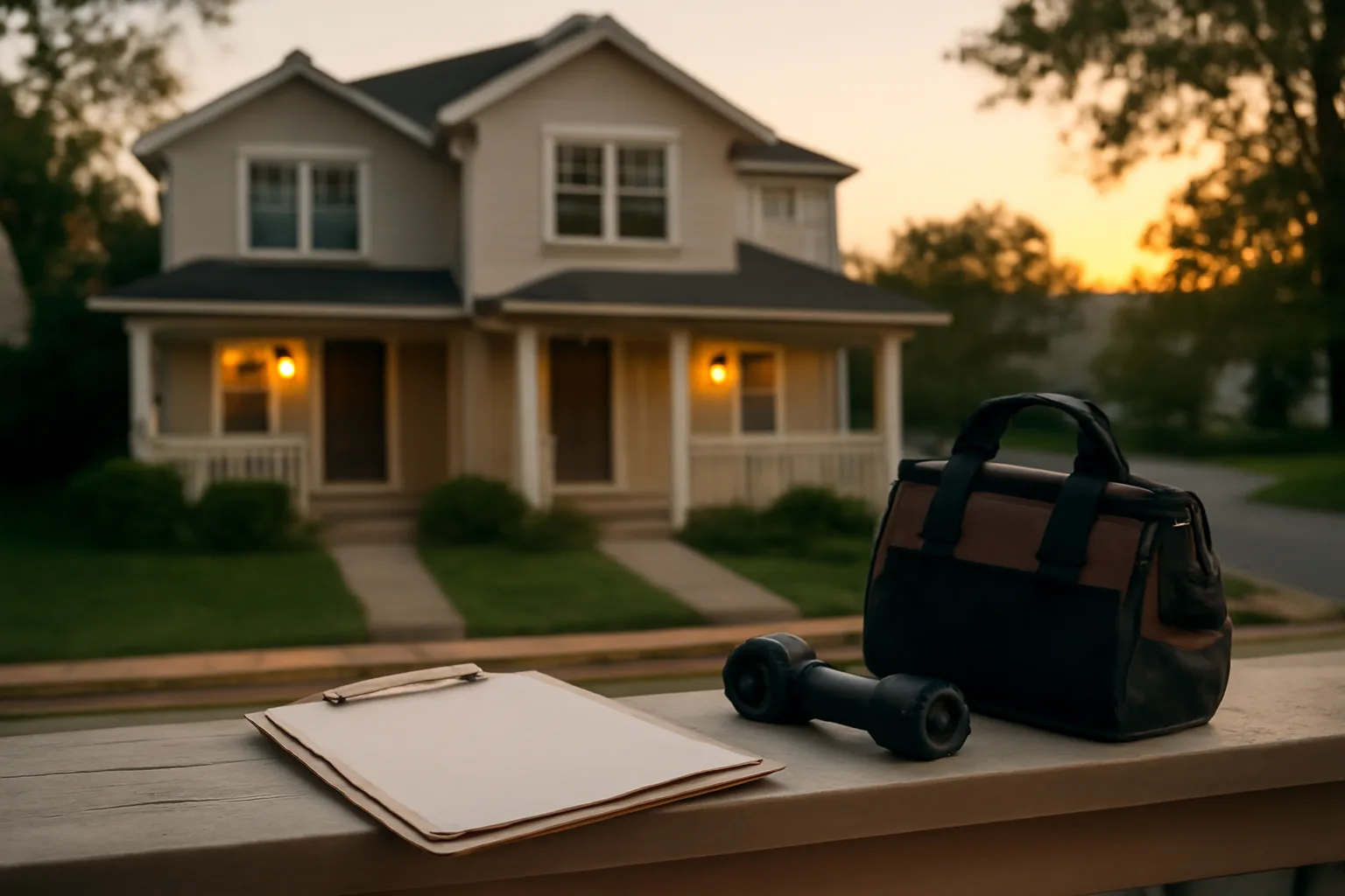 Landlord's inspection tools resting on a porch railing before a rental walk-through