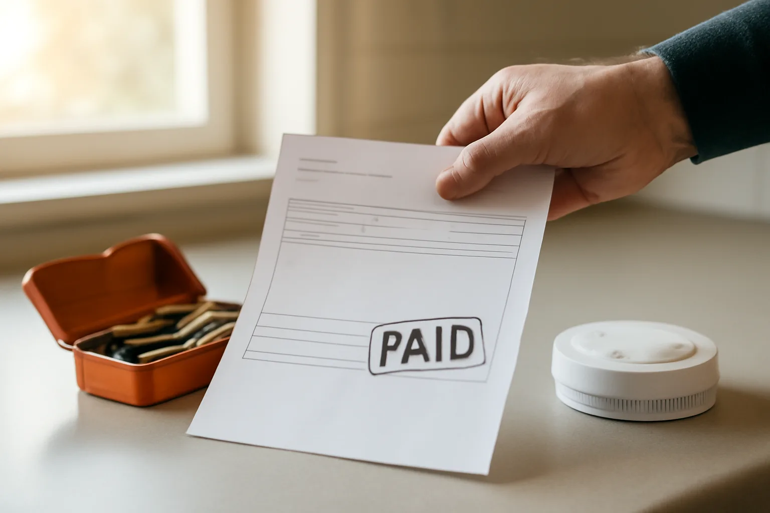 Landlord reviewing a rental inspection fee receipt beside a toolbox and smoke detector