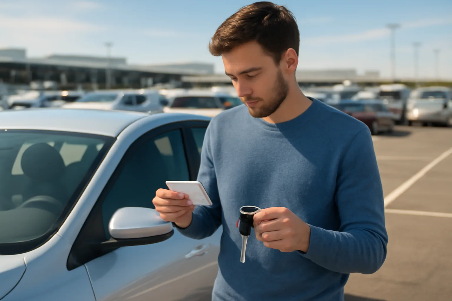 young driver holding a license beside a rental car in a parking lot