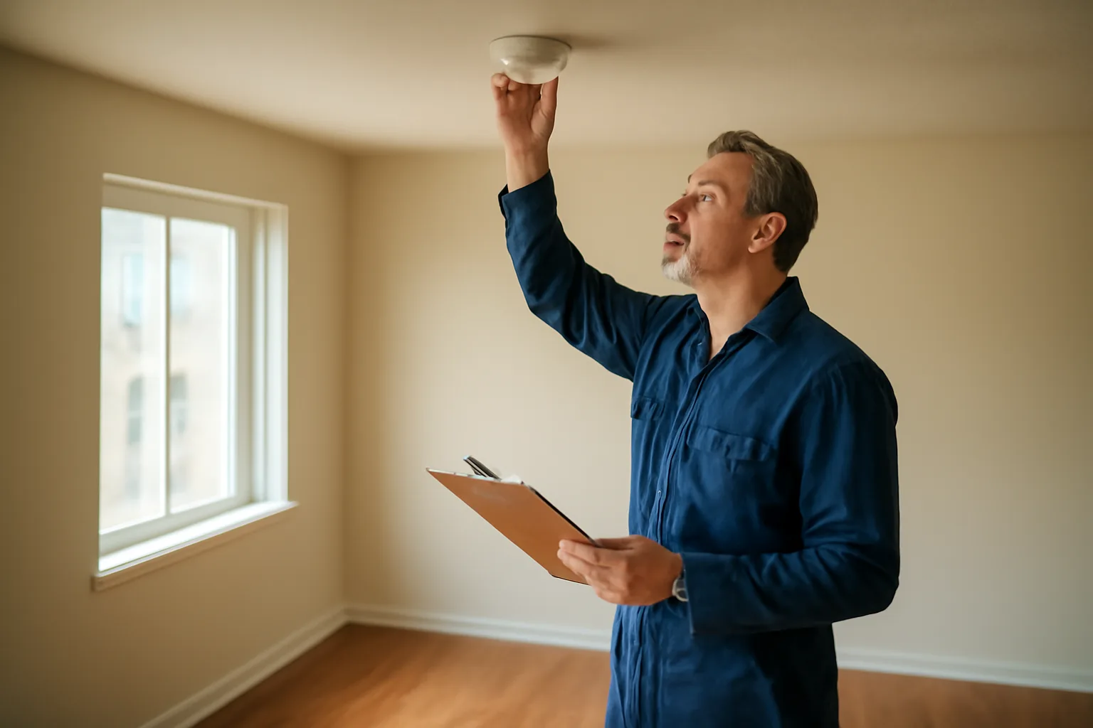 Landlord inspecting a smoke detector in an empty rental unit during daylight