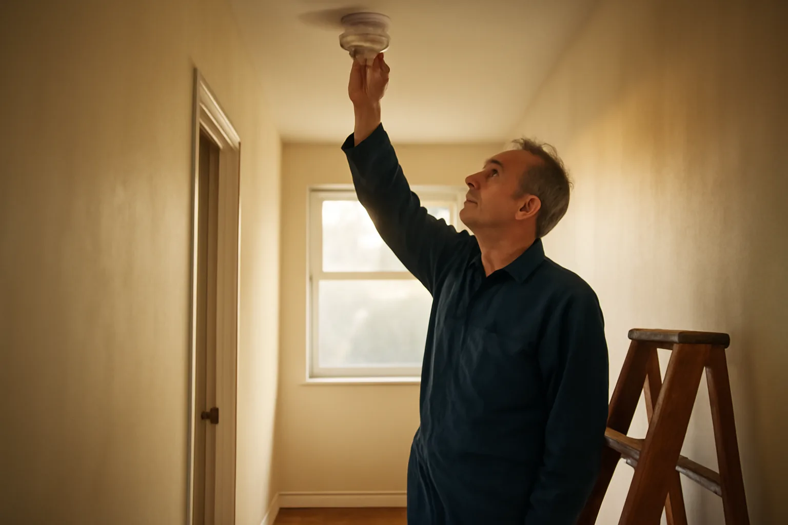 Landlord checking a smoke detector during a rental unit habitability inspection