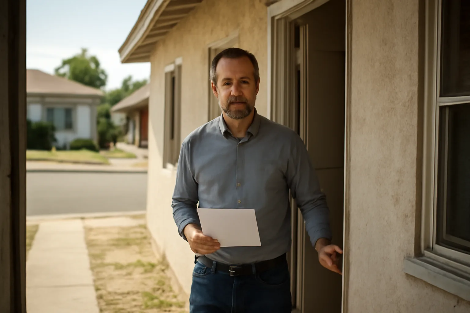 Landlord holding a paper rental license document at a rental property doorway