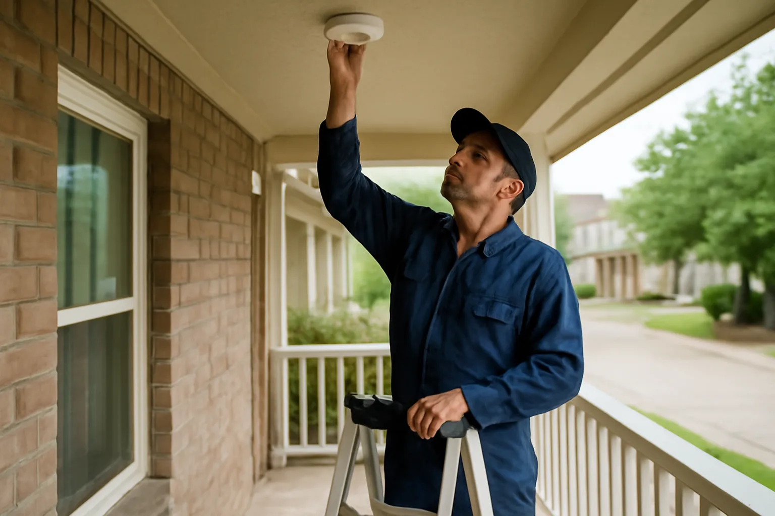 Landlord checking a smoke detector on a rental unit porch ceiling