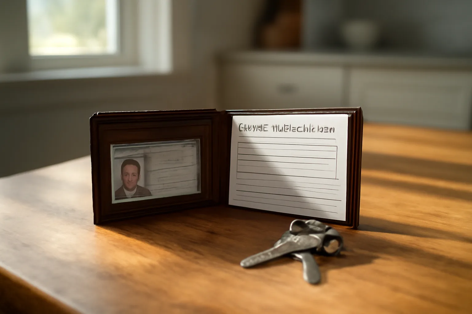 Wallet with driver's license and lease papers on a table, keys nearby