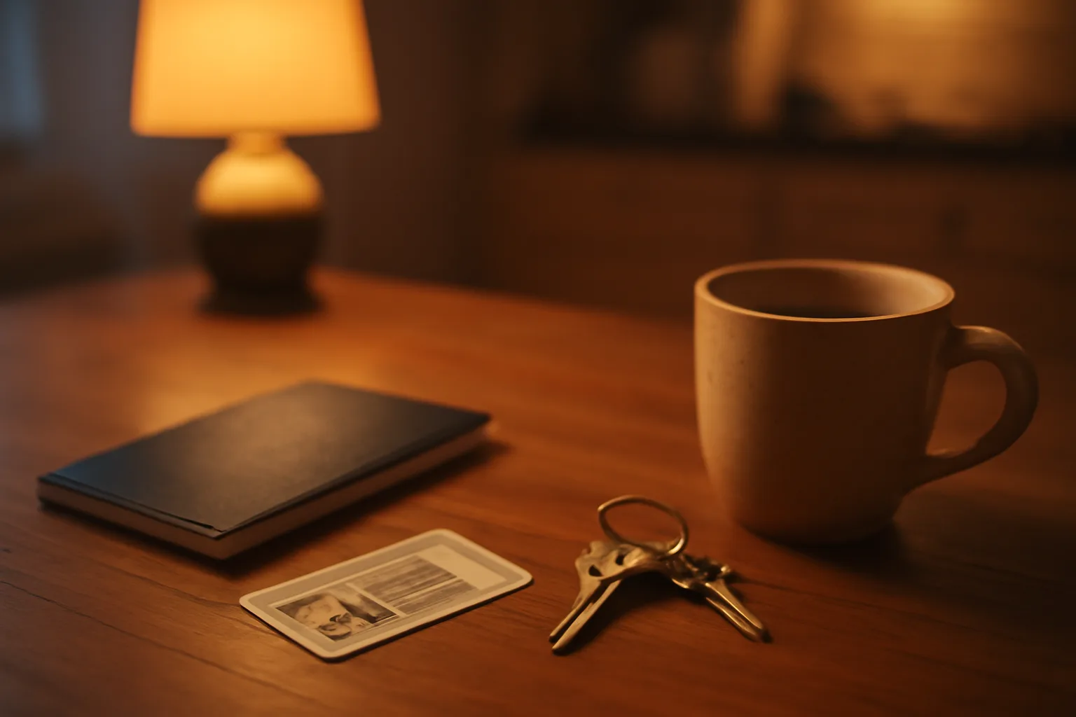 Passport, state ID card, and house keys on a table, no driver's license present