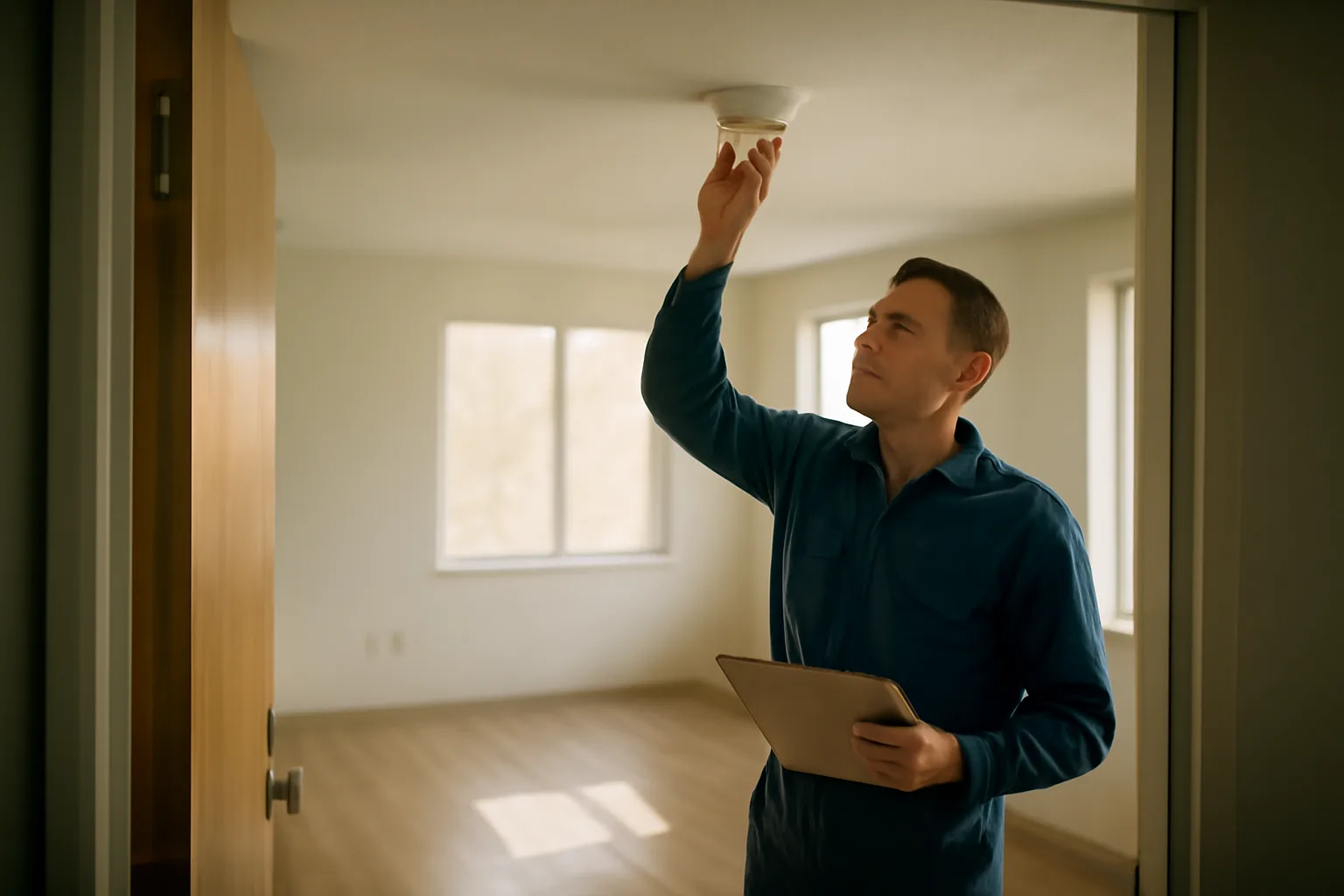 Landlord checking a smoke detector in an empty rental apartment before renting without a license issue arises