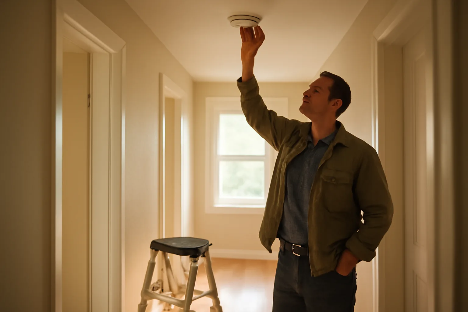 Landlord checking a smoke detector during a rental inspection appointment