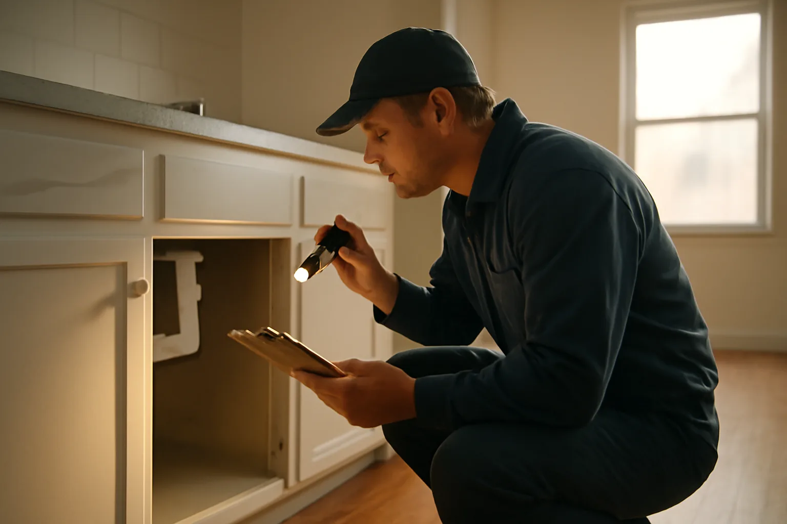 Landlord using a clipboard to inspect kitchen plumbing in an empty rental unit