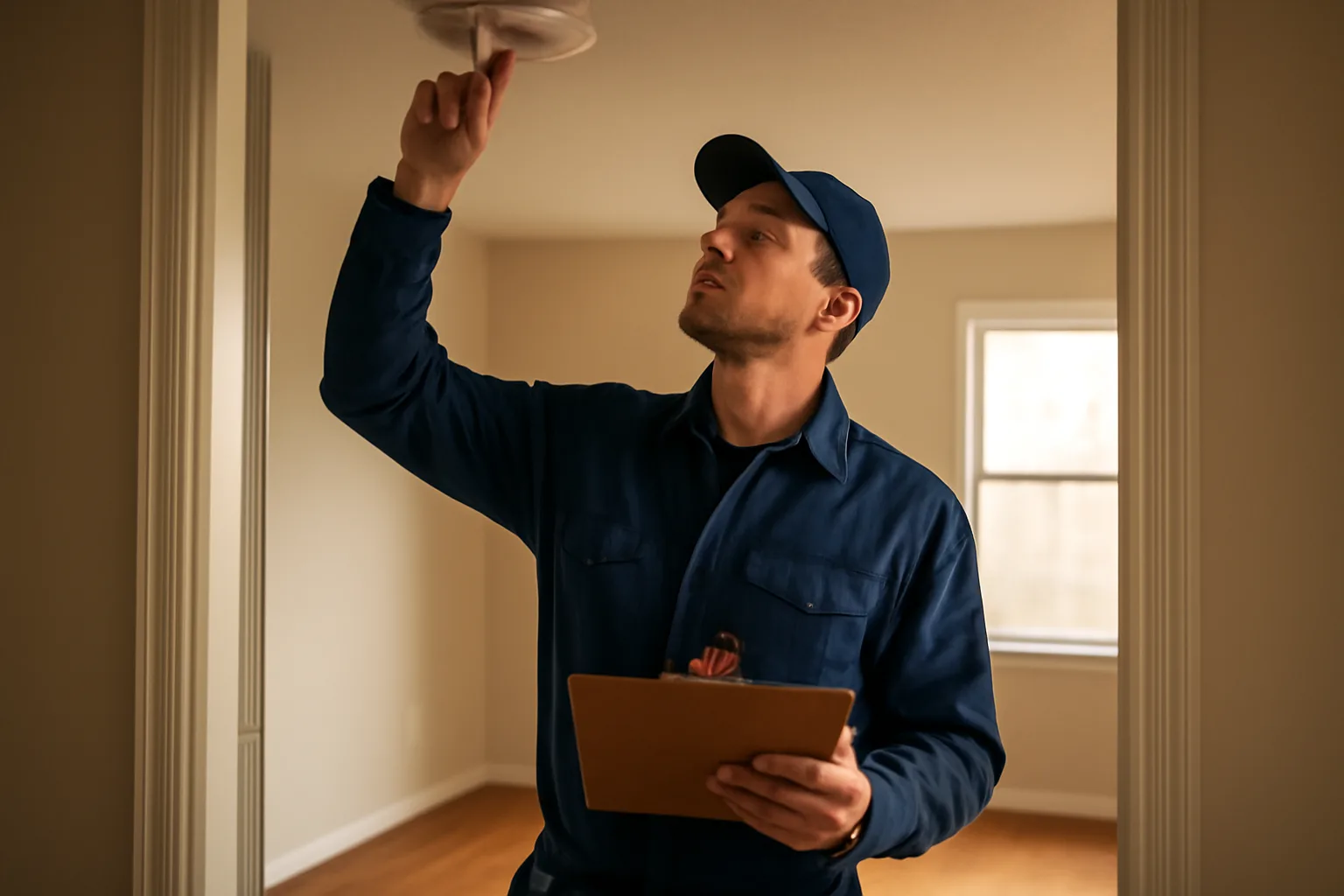 Landlord checking a smoke detector during a rental unit inspection walk-through