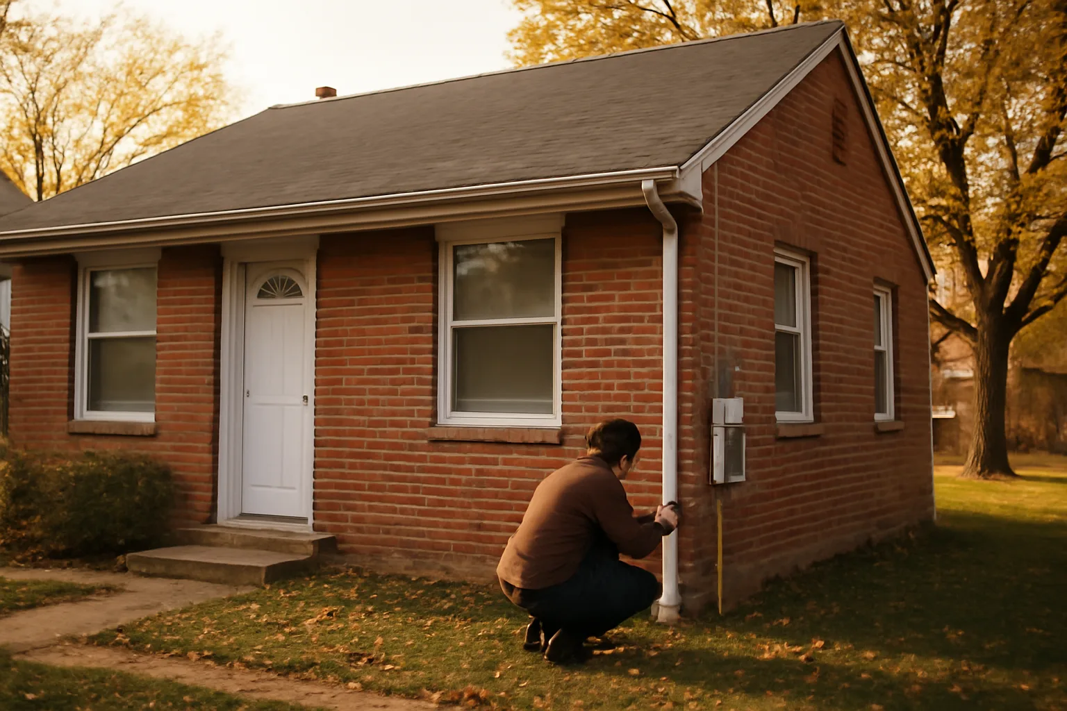 Landlord inspecting exterior electrical meter box on a Midwest duplex rental property