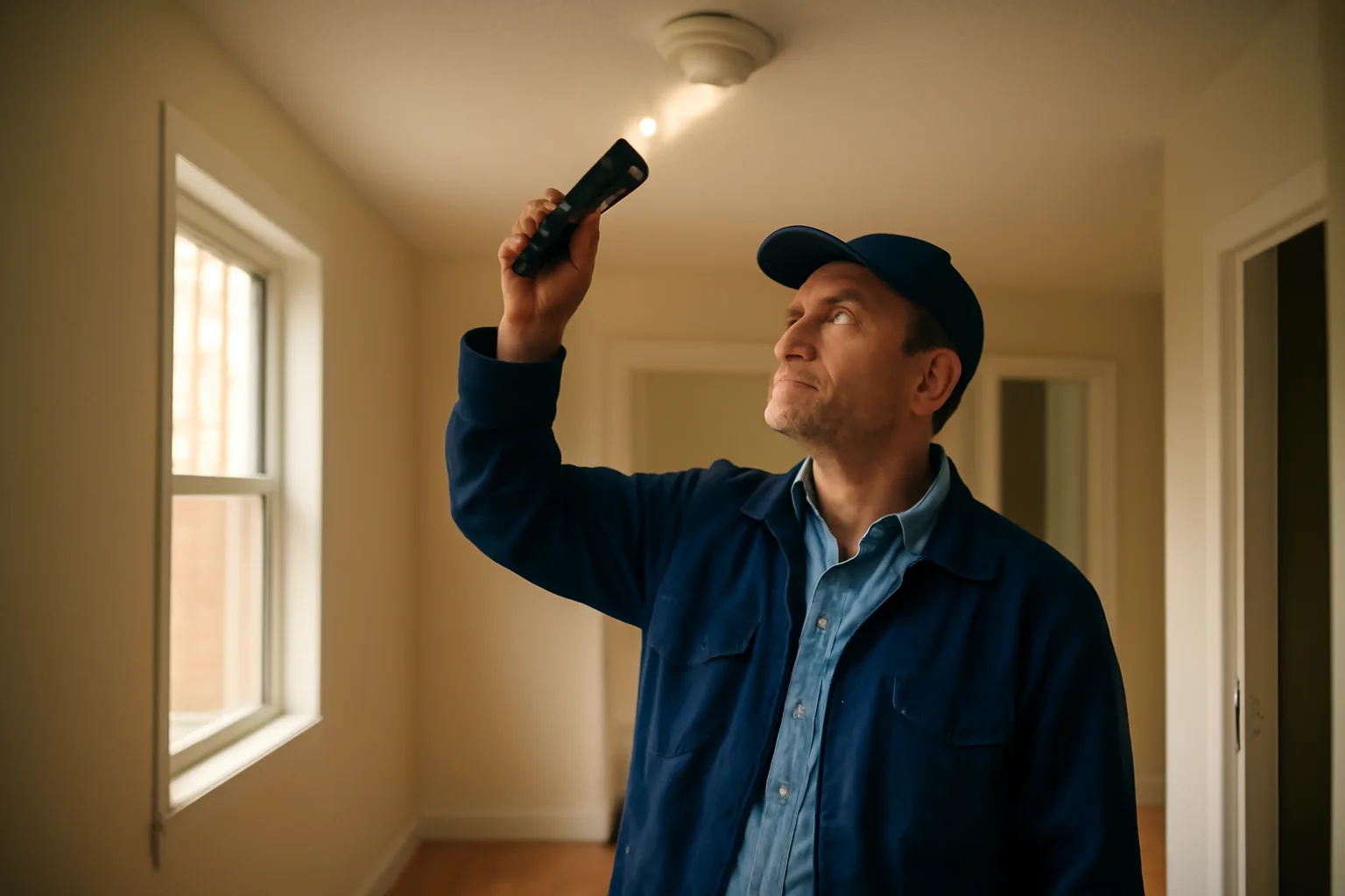 Landlord inspecting a smoke detector in an empty rental unit hallway