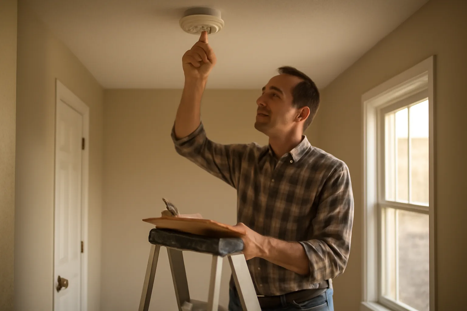 Landlord inspecting a smoke detector during a rental unit walk-through inspection