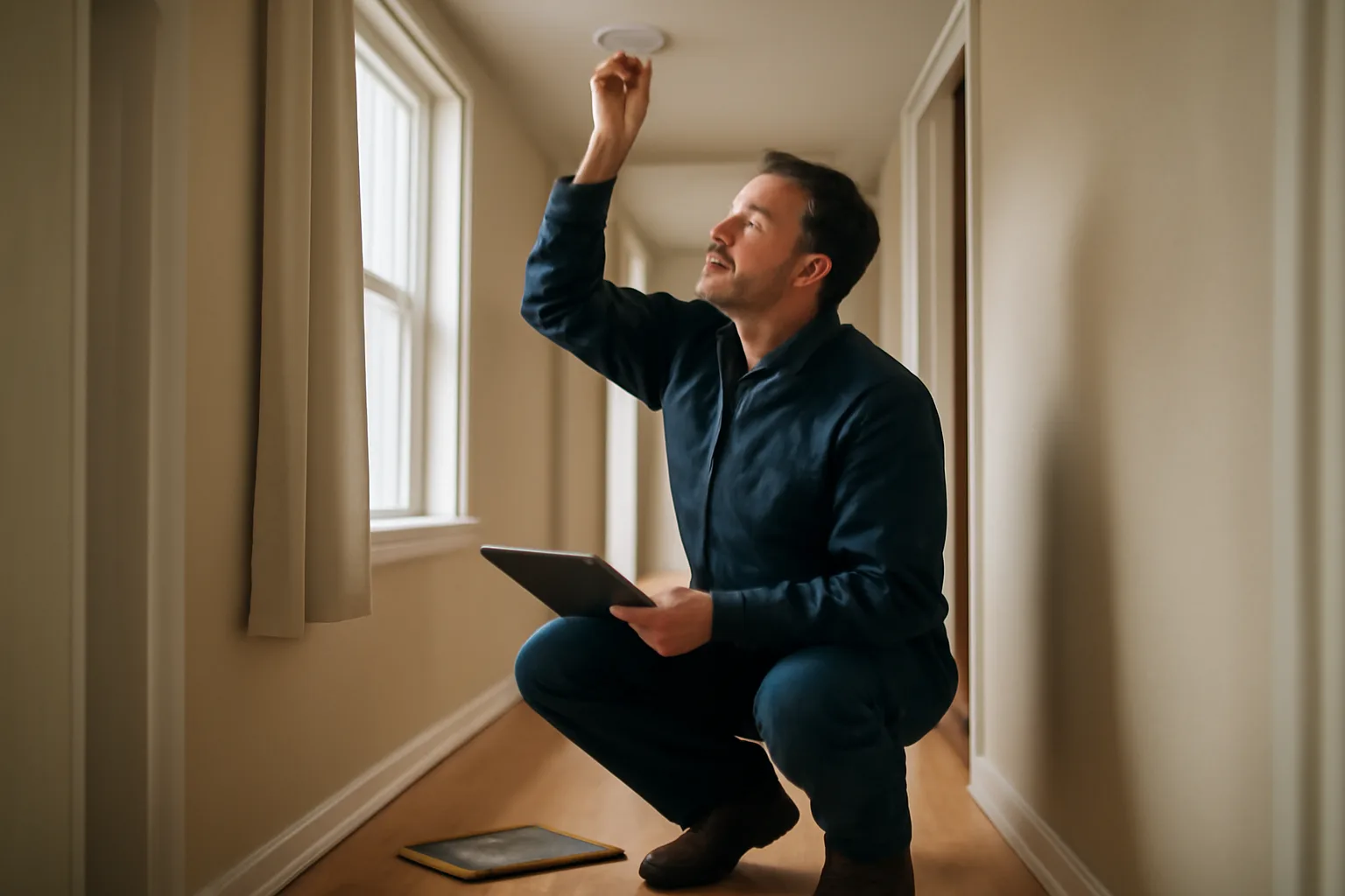 Landlord inspecting a smoke detector during a rental unit walk-through inspection