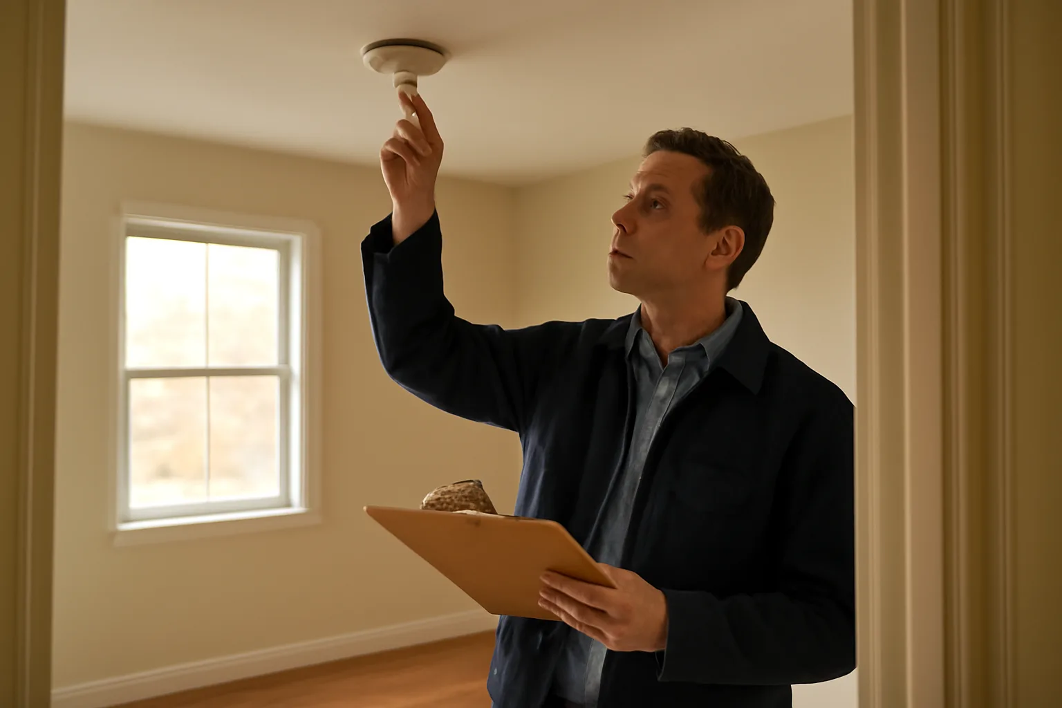 Landlord checking a smoke detector during a rental unit inspection walk-through