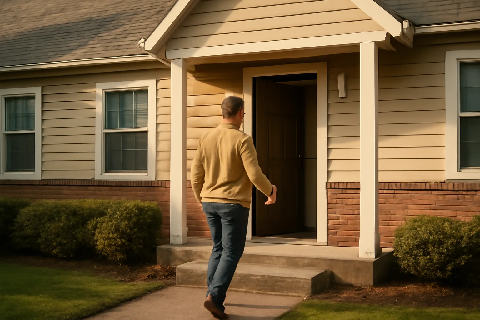 Landlord walking up to a small rental duplex to begin a property inspection