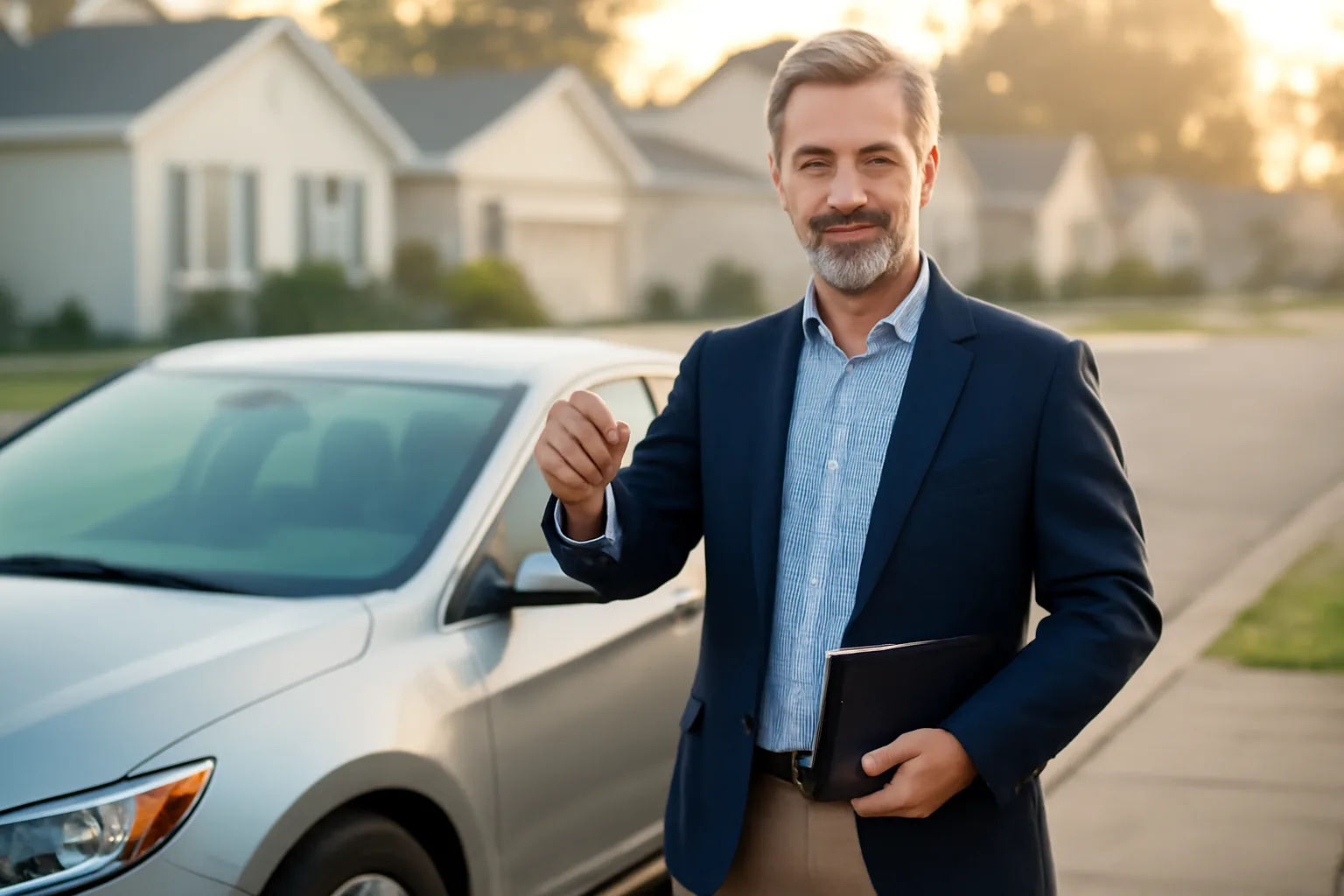 Landlord holding keys and clipboard beside a car in a driveway