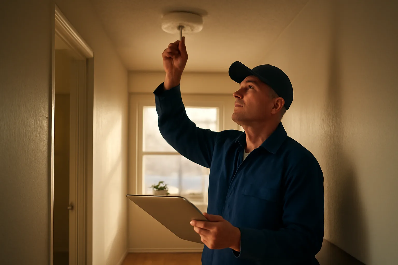 Landlord checking a smoke detector during a rental unit inspection walk-through