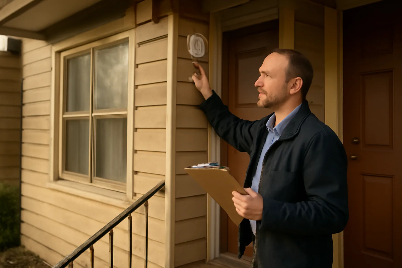 Landlord inspecting a smoke detector at a small rental duplex entrance