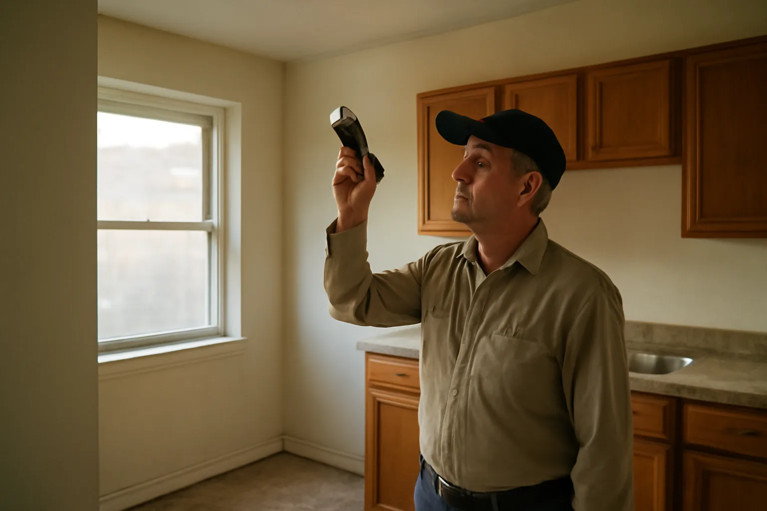 Landlord inspecting ceiling corner in an empty rental unit kitchen