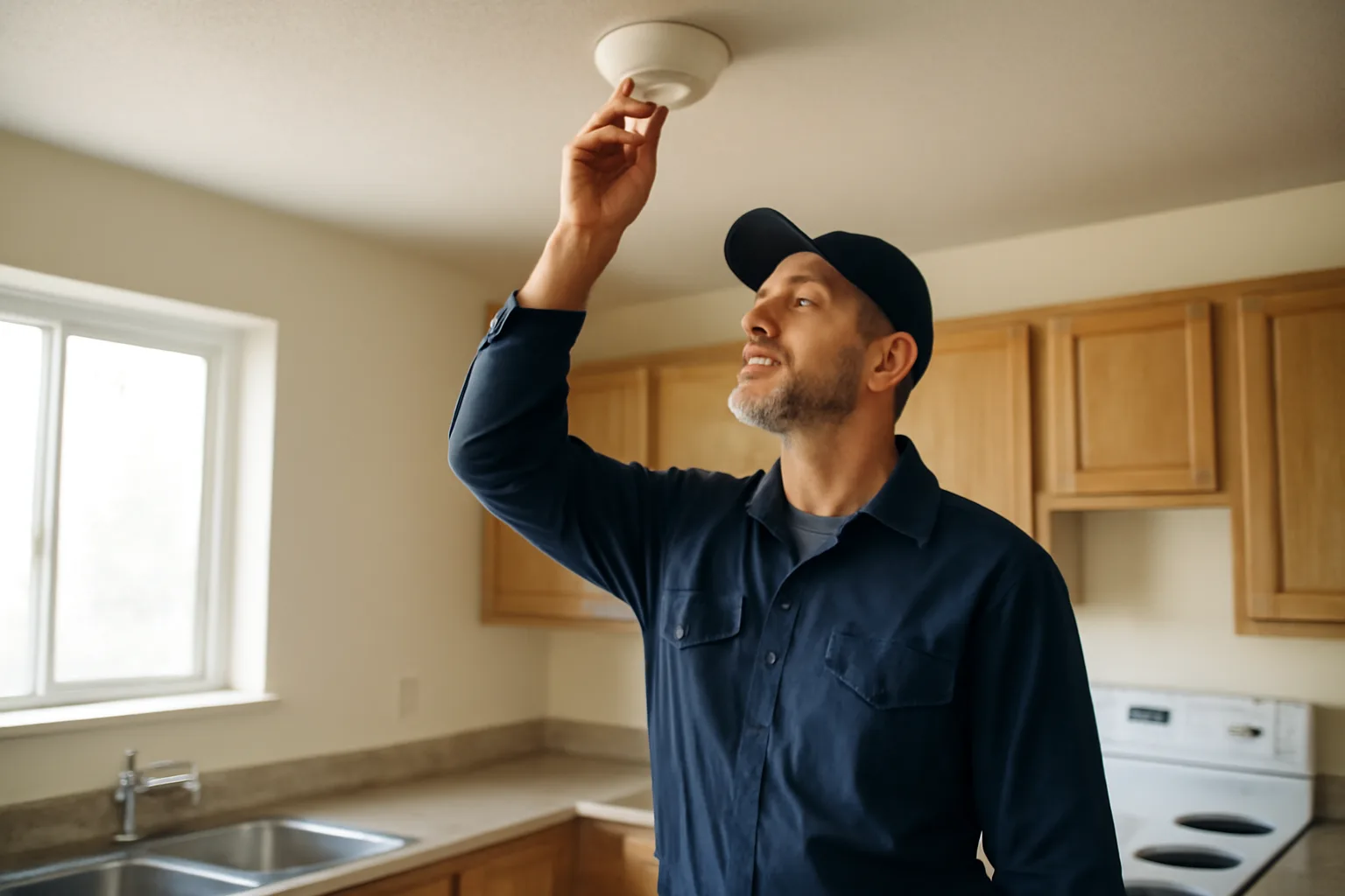 Landlord checking a smoke detector during a rental unit walk-through inspection
