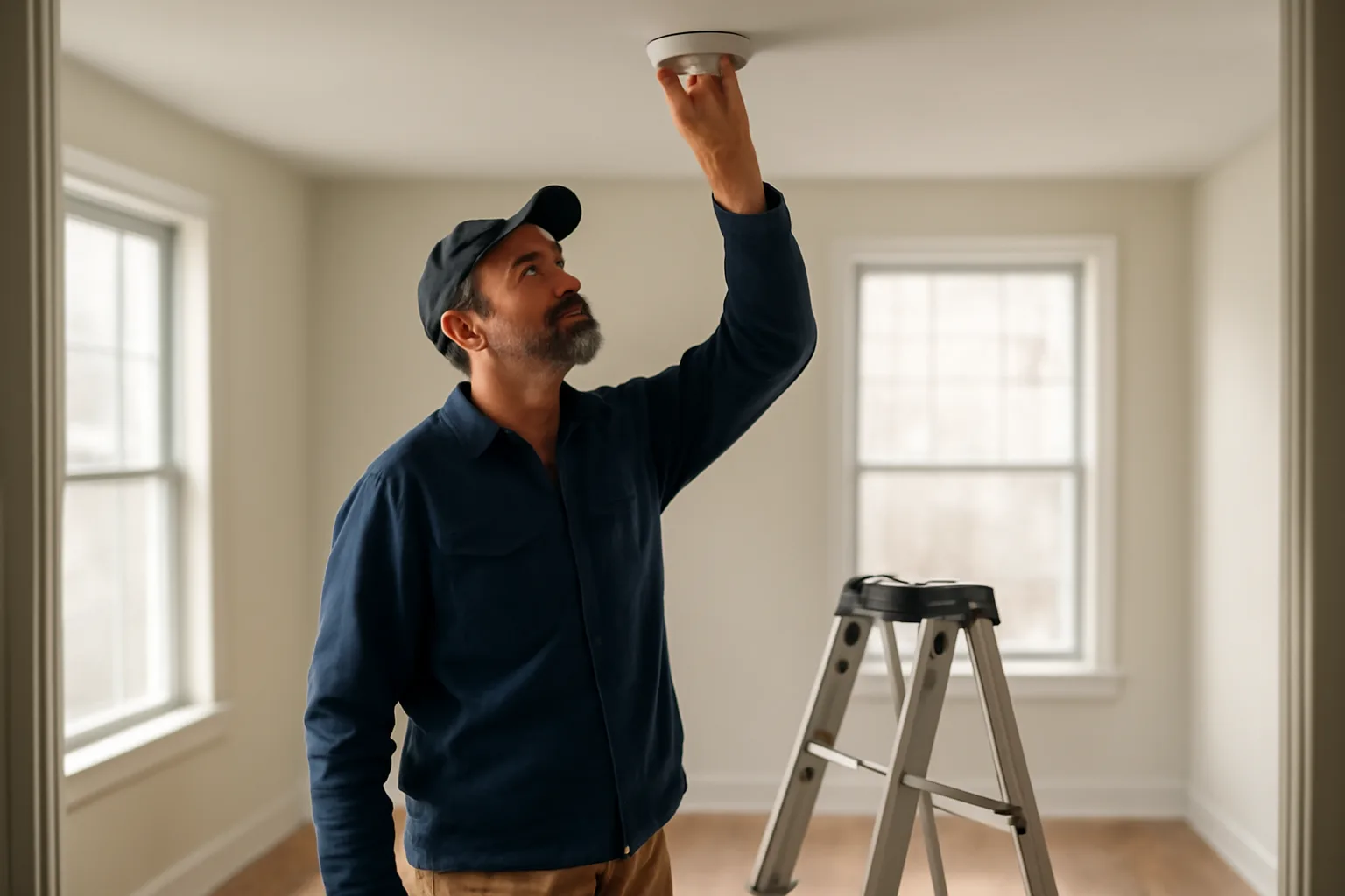 Landlord checking a smoke detector while preparing a rental unit for a licensing inspection