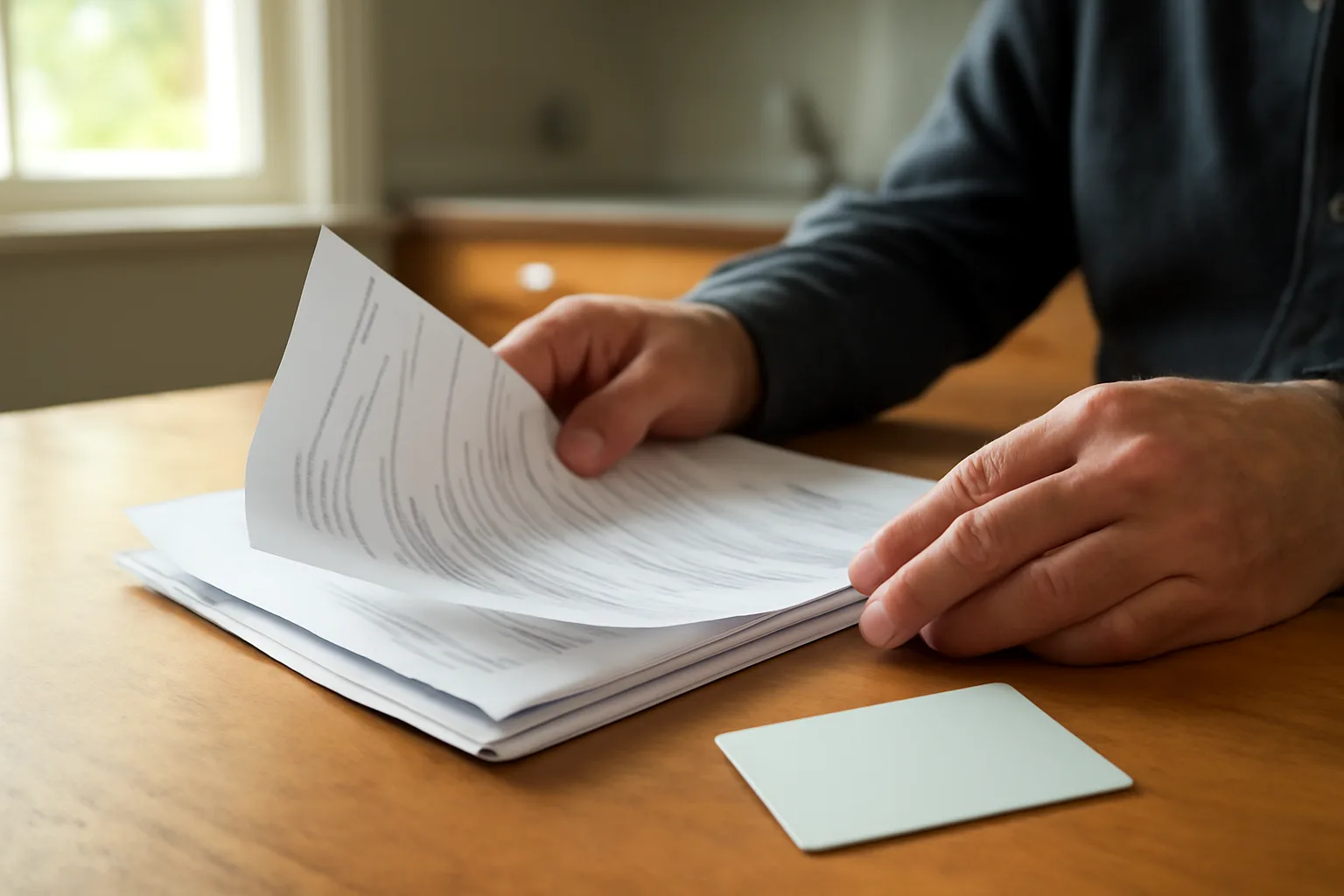 Landlord reviewing a rental application and photo ID at a kitchen table