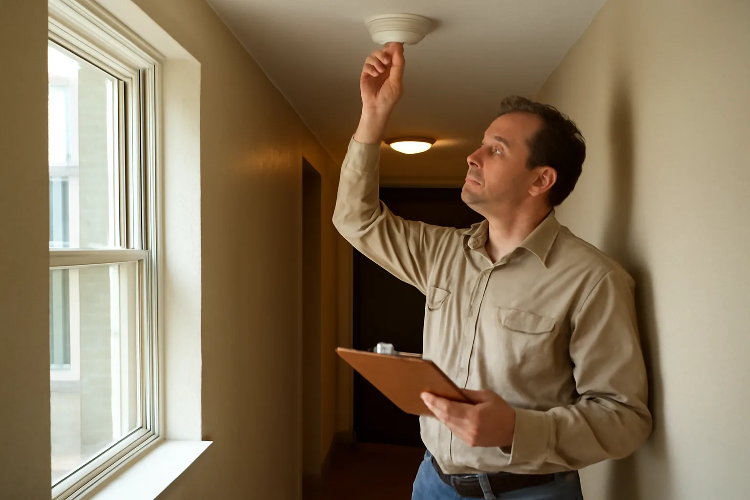Landlord inspecting a smoke detector in a rental property hallway