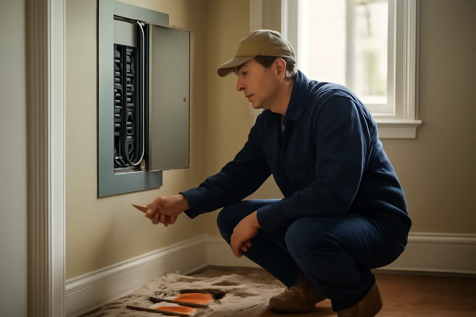 Landlord inspecting an open electrical panel during rental property repair work