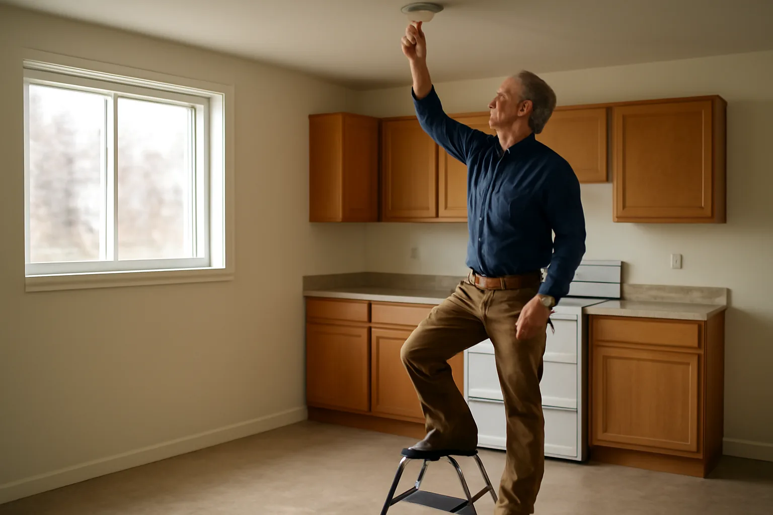 Landlord checking a smoke detector during a rental unit inspection
