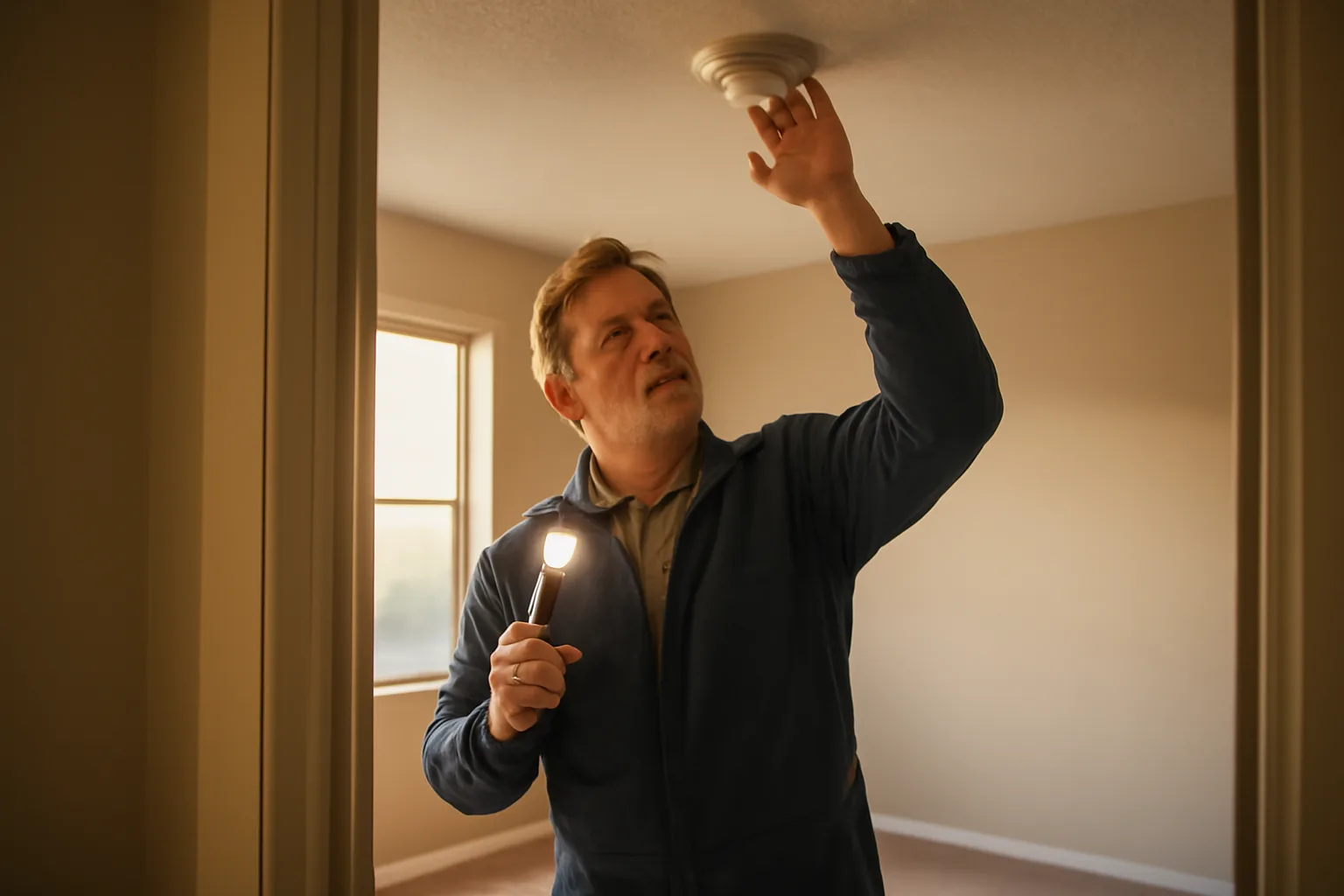 landlord inspecting a smoke detector during a rental unit walk-through