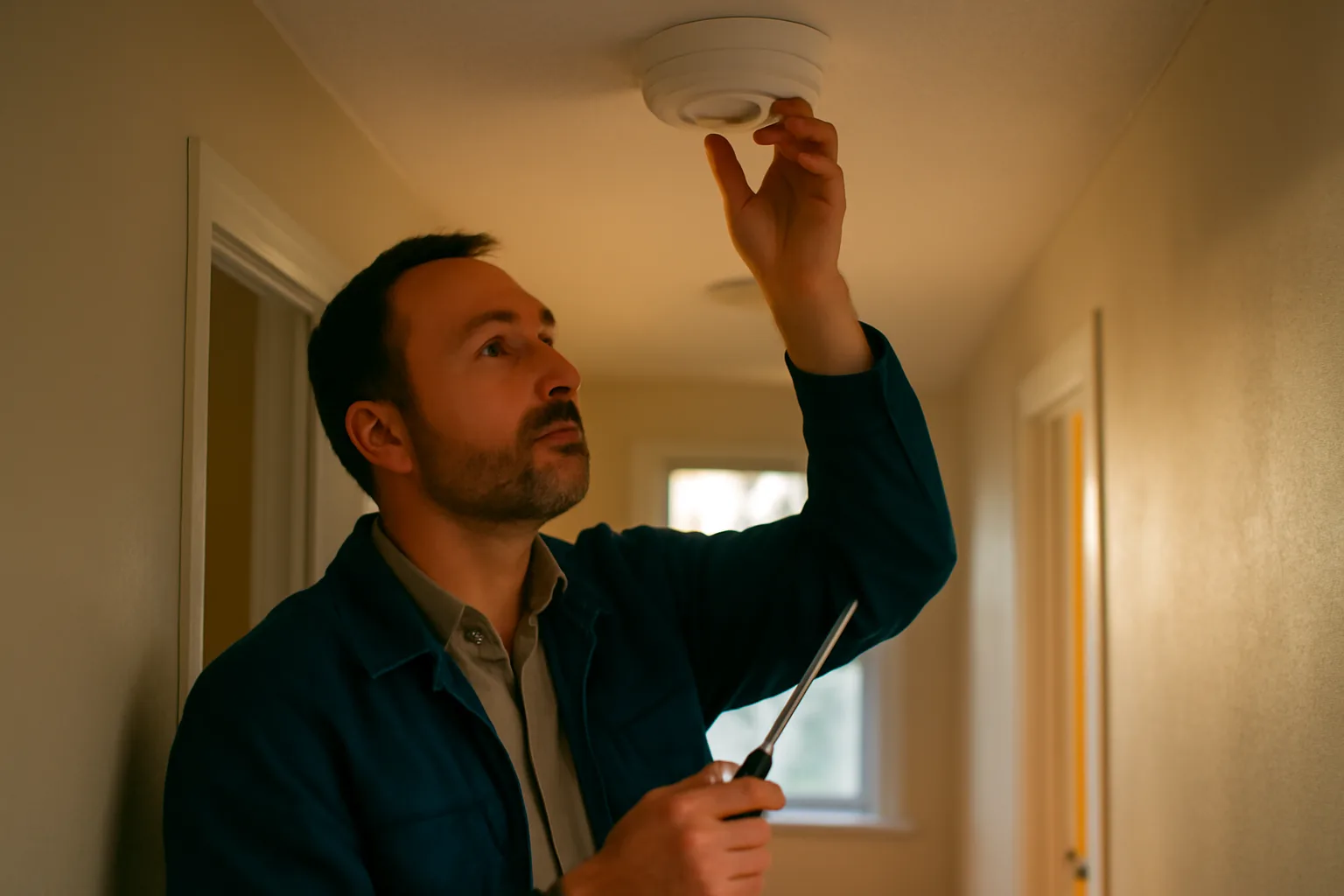 Landlord testing a smoke detector during a rental unit inspection walk-through