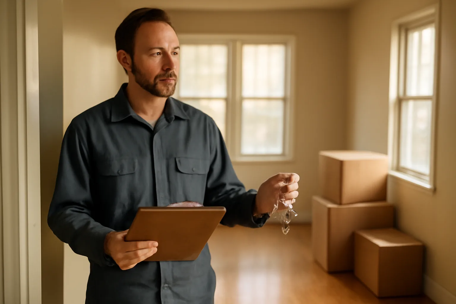 Landlord holding a clipboard while inspecting an empty rental apartment unit