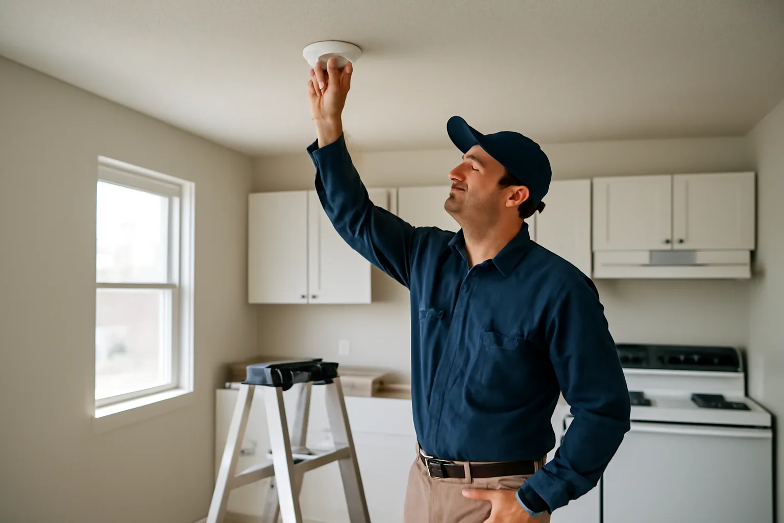 Landlord checking a smoke detector during a rental unit inspection walkthrough