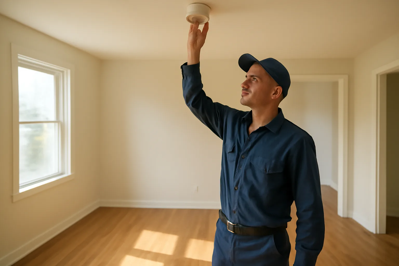 Landlord inspecting a smoke detector in an empty sunlit rental unit