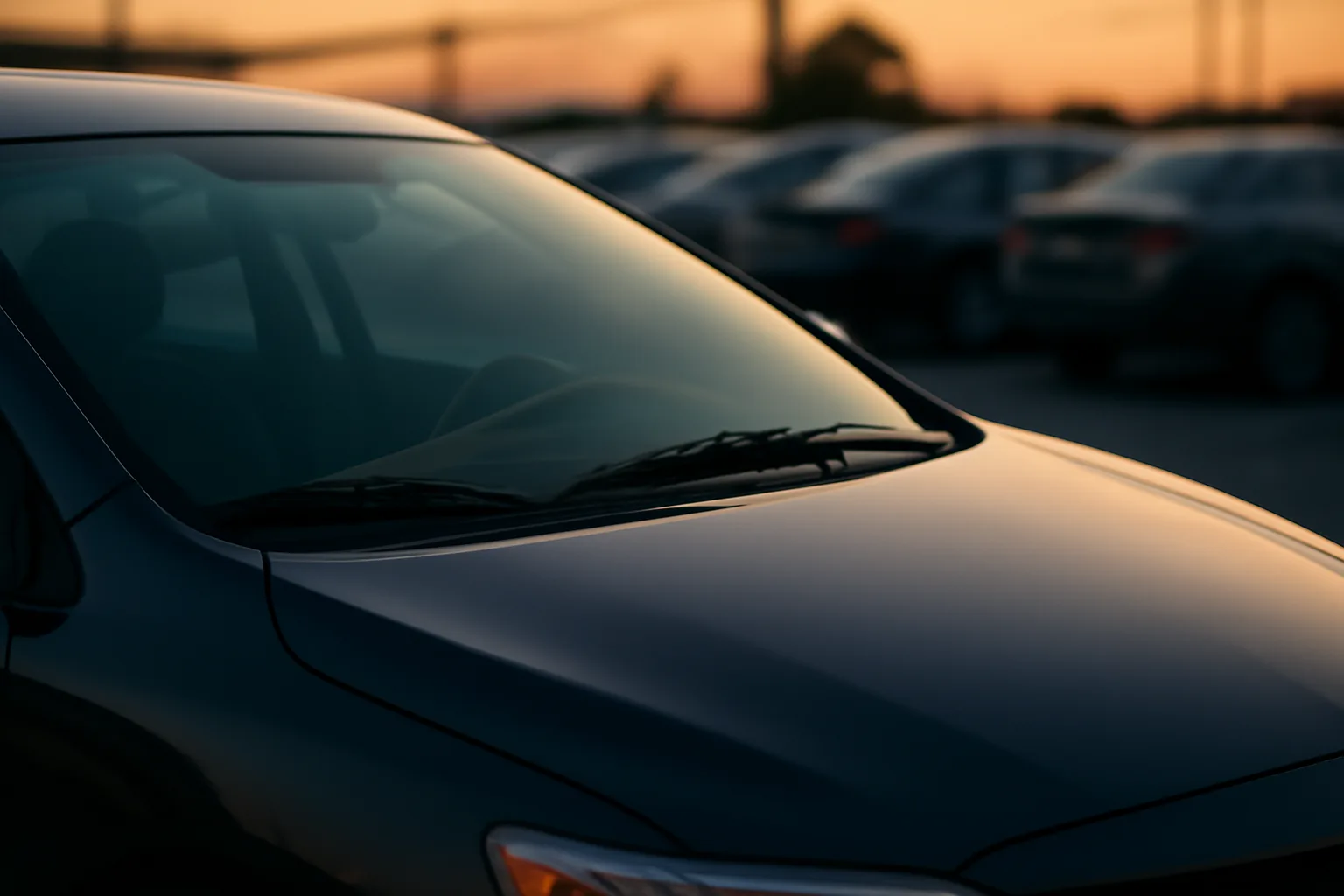 Close view of a parked rental car windshield corner at dusk