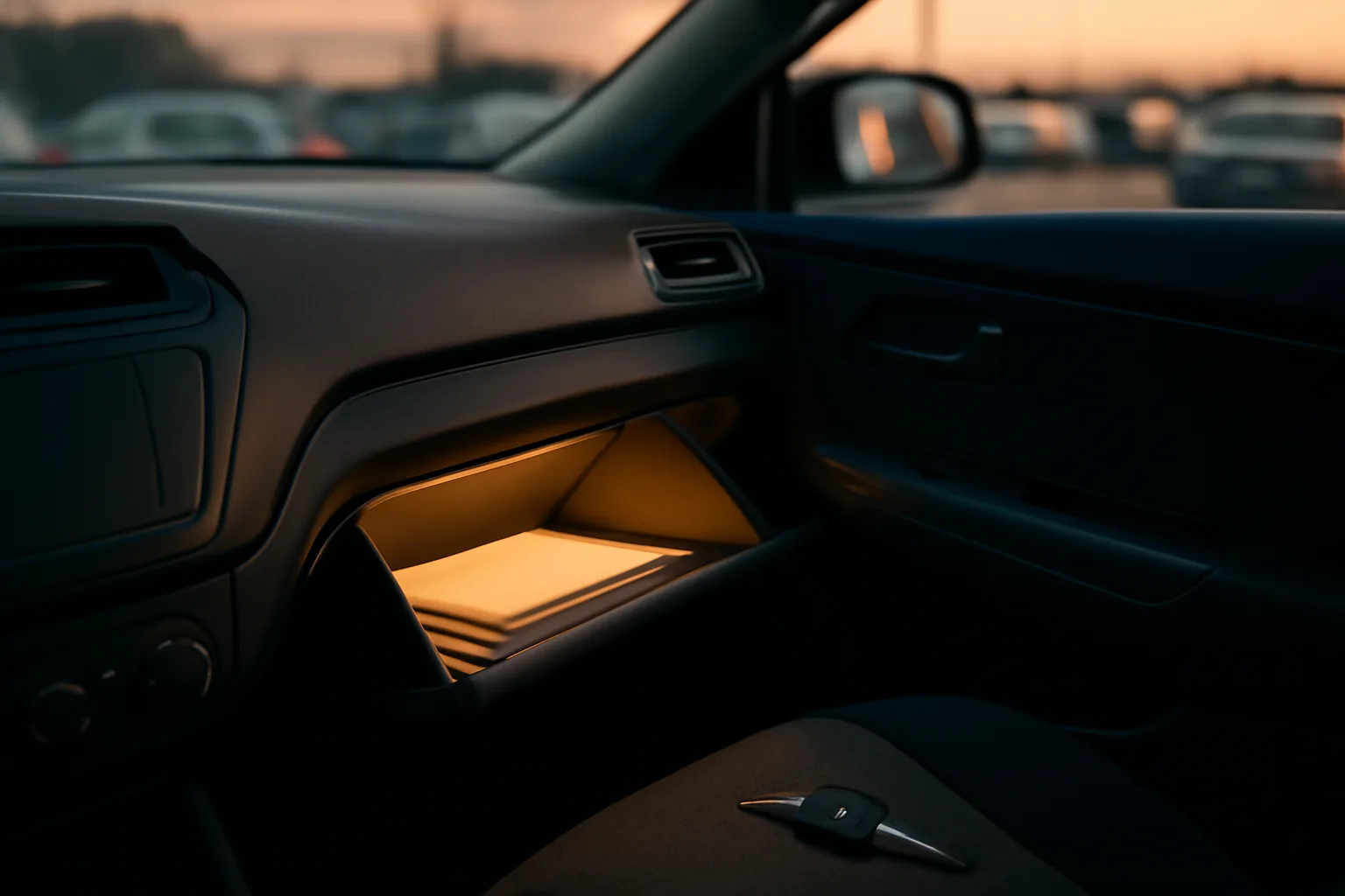 Open glove compartment showing where rental cars keep registration papers