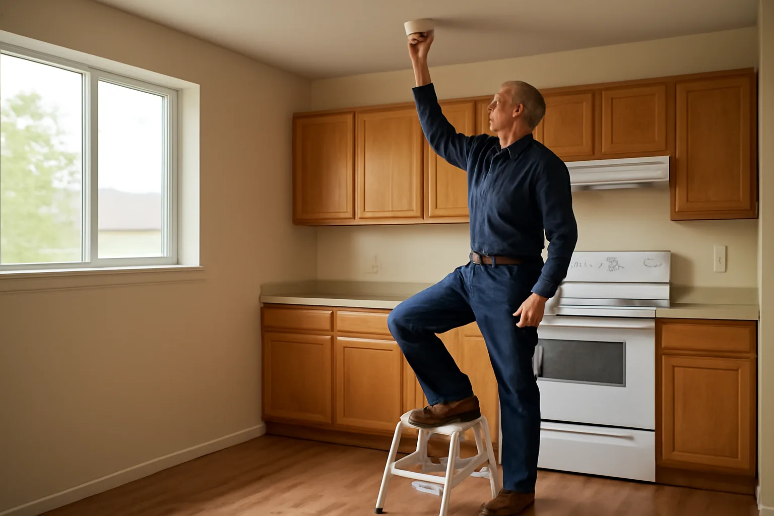landlord checking a smoke detector during a rental unit inspection