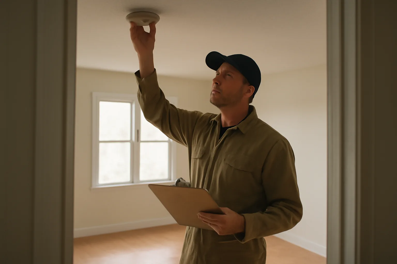 Landlord inspecting a smoke detector during a rental unit walkthrough