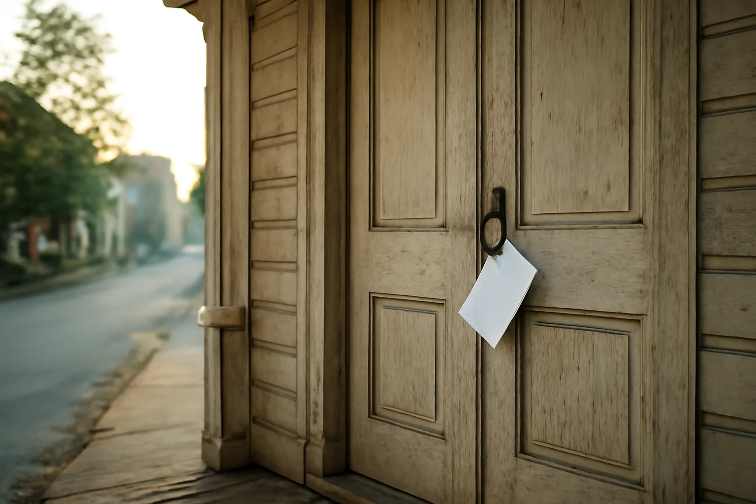 City code enforcement notice tucked in a rental property door in morning light