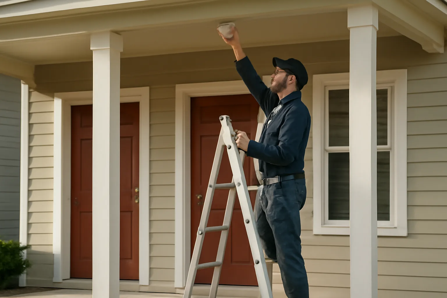 Landlord inspecting a smoke detector on a small rental duplex porch
