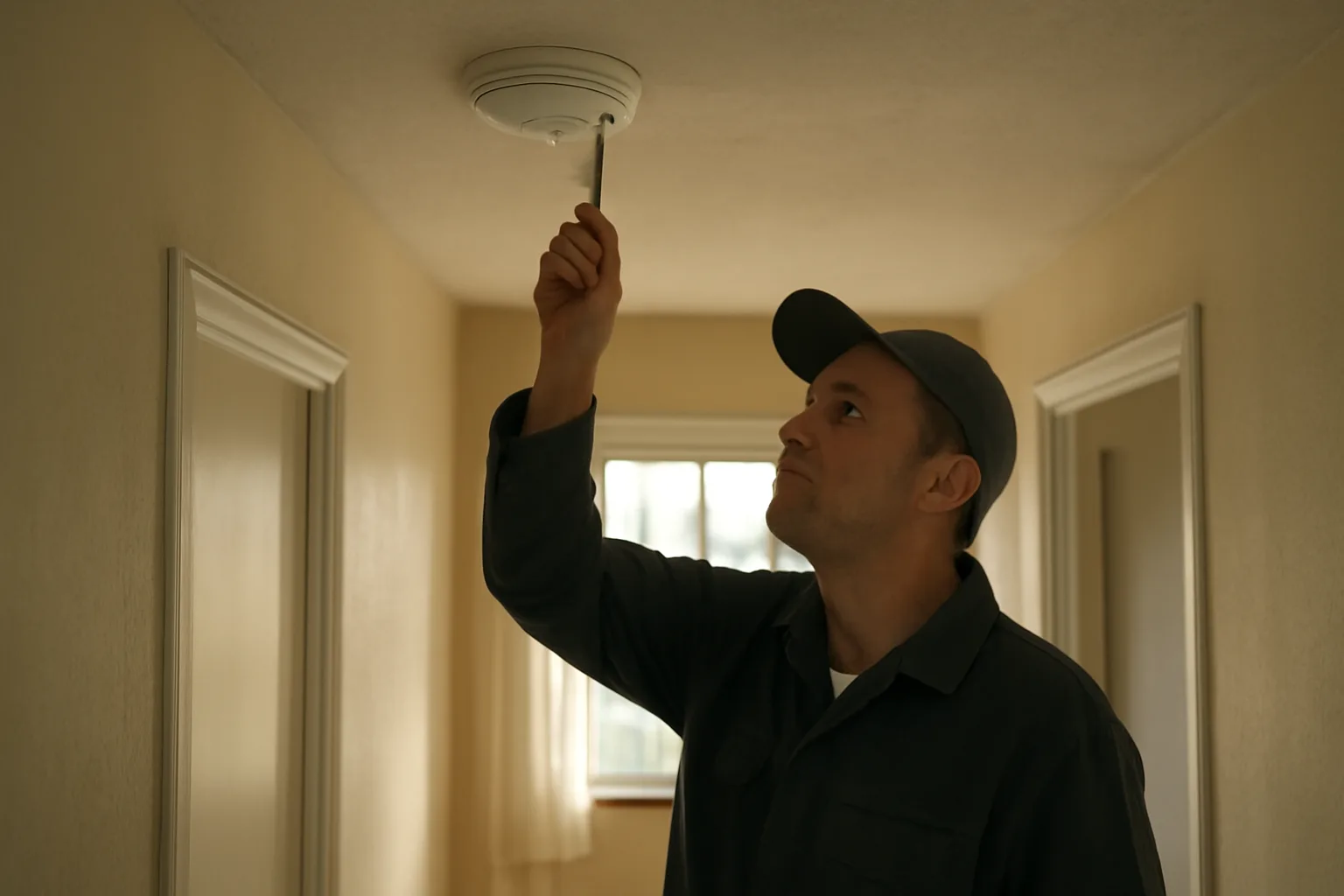 Landlord testing a smoke detector during a rental unit inspection walk-through