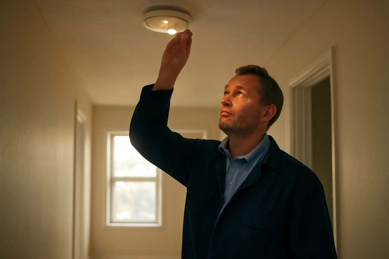 Landlord checking a smoke detector during a rental property inspection walkthrough